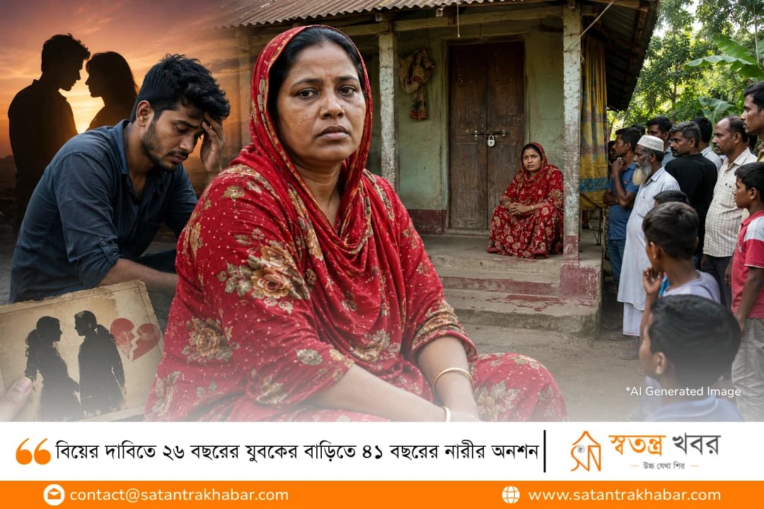 বিয়ের দাবিতে ২৬ বছরের যুবকের বাড়িতে ৪১ বছরের নারীর অনশন
